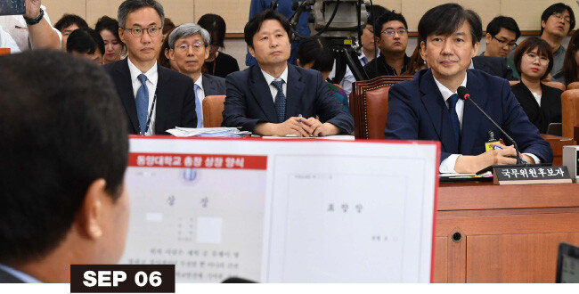조국 후보자가 9월 6일 여의도 국회에서 열린 인사청문회에 참석해 주광덕 의원으로부터 동양대 총장 표창장 관련 질의를 받고 있다.