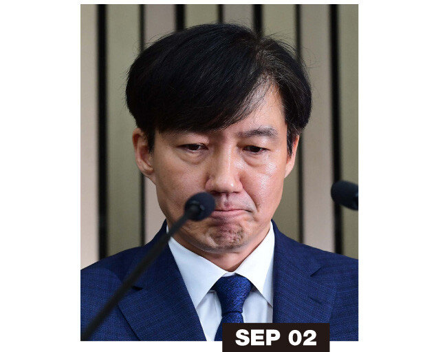 9월 2일 조국 후보자가 국회에서 열린 기자간담회에서 가족 관련 질문에 답하며 울먹이고 있다.
