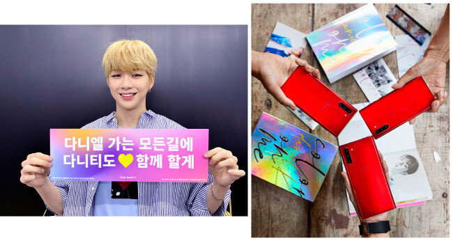 팬덤 다니티가 만든 응원 카드를 들고 있는 강다니엘(왼쪽).  강다니엘이 모델로 활동해 일명 ‘강다니엘 폰’으로 불리는 ‘갤럭시 노트10 아우라 레드’. 팬들이 제품을 들어 보여주고 있다. [사진제공·커넥트엔터테인먼트]
