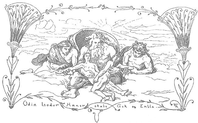 아스크와 엠블라를 창조하는 회니르, 오딘, 로두르, 1895.