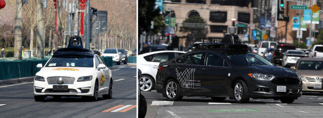 중국이 개발한 자율주행차(왼쪽), 우버 셀프드라이빙. [신화=뉴시스, GettyImage]