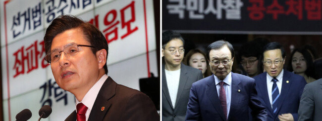 4월 23일 국회에서 열린 자유한국당 긴급 의원총회에서 발언하는 황교안 대표(왼쪽). 4월 26일 국회에서 더불어민주당 의원총회를 하기 위해 회의장에 들어선 이해찬 대표. [안철민 동아일보 기자, 장승윤 동아일보 기자]