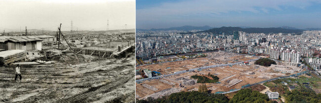 1983년 서울 송파구 가락동 반도아파트 공사 현장. 2019년 11월 현재 재건축이 진행 중인 강동구 둔촌동 일대.