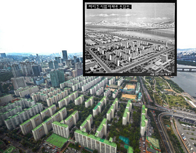 1970년 서울 영등포구 여의도동 시범아파트 조감도. 재건축을 앞둔 여의도 시범아파트의 2019년 11월 모습.
