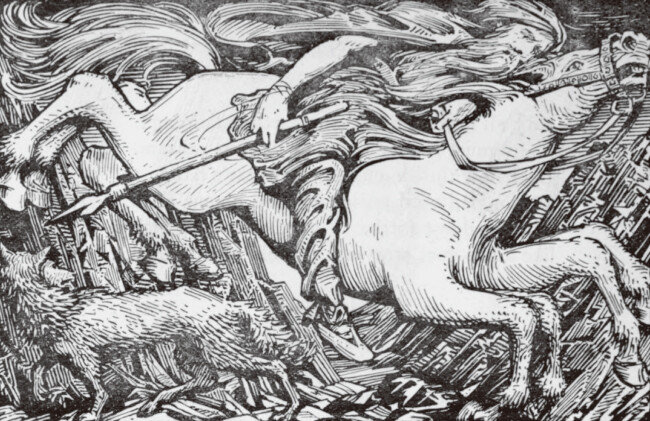 슬레이프니르를 타고 지하 세계로 내려가는 오딘. [W.G.Collingwood, 1908]