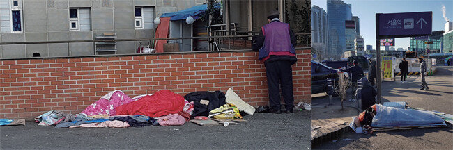 서울 곳곳 거리에서 잠을 자고 있는 노숙인들(사진 속 인물과 기사에 등장하는 노숙인이 동일 인물은 아님). [최진렬 인턴기자]