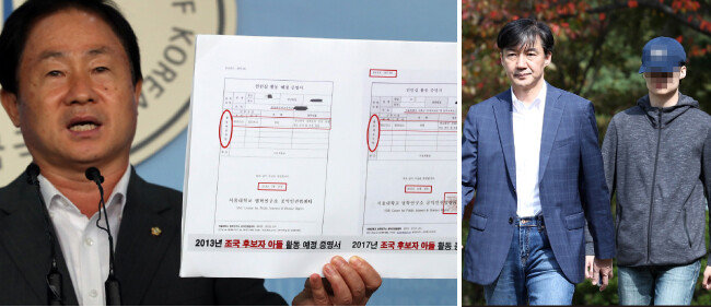 주광덕 자유한국당 의원이 지난해 9월 9일 국회 정론관에서 “조국 법무부 장관 아들의 서울대 공익인권법센터 인턴십 활동 예정증명서 조작 가능성이 있다”며 기자회견을 하고 있다(왼쪽). 조국 전 법무부 장관이 지난해 10월 24일 경기 의왕시 서울구치소에서 부인 정경심 동양대 교수 접견을 마친 후 아들과 구치소를 나서고 있다. [뉴시스]