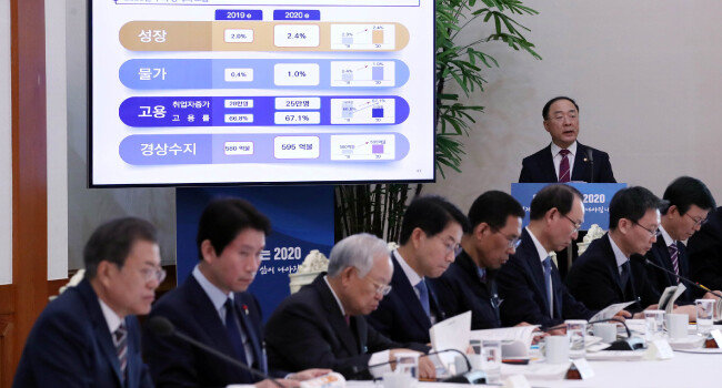 문재인 대통령이 2019년 12월 19일 청와대에서 열린 확대경제장관회의에서 홍남기 경제부총리 겸 기획재정부 장관의 2020년 경제 전망을 듣고 있다. [청와대사진기자단]