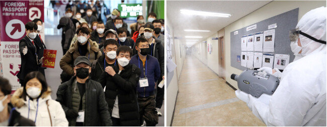 2월 5일 인천국제공항 제1터미널에서 중국발 항공기 탑승객이 전용 입국장으로 이동하고 있다(왼쪽). 2월 10일 한 방역요원이 서울 종로구의 한 학교 건물을 소독하고있다. [사진공동취재단,  김재명 동아일보 기자]