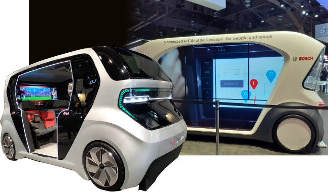 LG전자의 셔틀형 차량(왼쪽), 보쉬의 IoT 셔틀. [유성민]