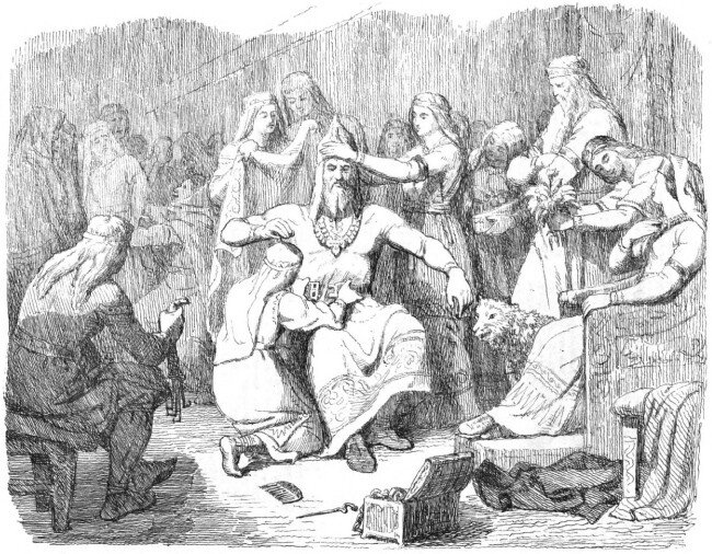 프레이야로 분장하는 토르. [Mårten Eskil Winge, 1865]