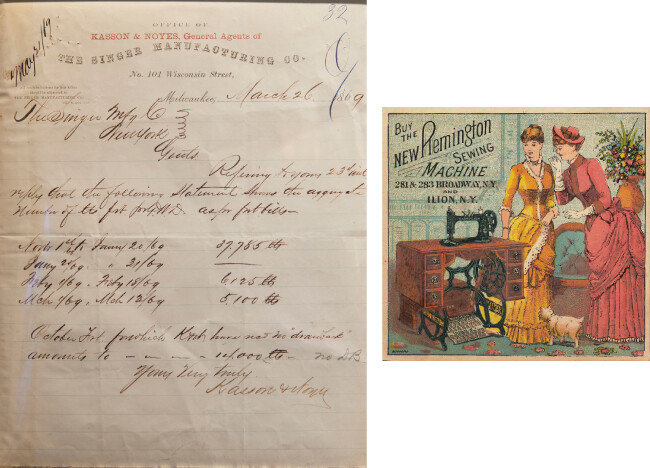 1860년대 미국 싱어사(Singer) 재봉틀 계약서 양식(왼쪽). 19세기 미국에서 만들어진 레밍턴 재봉틀 광고.