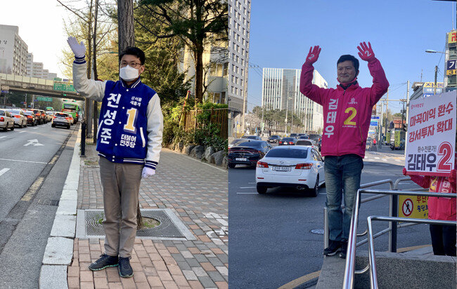 6일 오전 7시 서울 강서구 가양5단지 입구에서 진성준 더불어민주당 후보(왼쪽)가 출근길 유권자들에게 손을 흔들고 있다. 같은 날 오전 8시 10분 서울지하철 9호선 양천향교역 인근에서 김태우 미래통합당 후보가 유권자들을 향해 환하게 웃고 있다. [문영훈 기자]