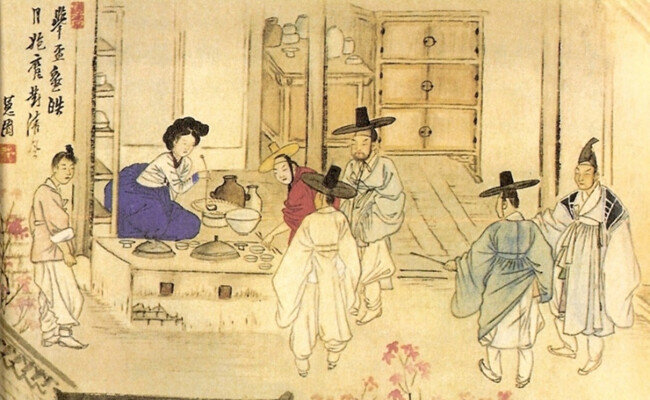 조선시대 술집 풍경을 담은 신윤복 풍속화 ‘주사거배(酒肆擧杯)’. [동아DB]