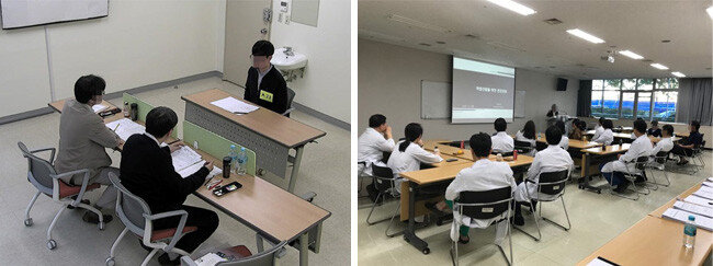울산대 의대가 진행한 다면인적성면접 현장 모습(왼쪽). 울산의대 교수들이 다면인적성면접 준비를 위한 워크숍을 하고 있다. [울산대 의대 제공]