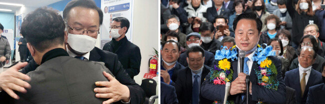 대구 수성갑에서 낙선한 김부겸 더불어민주당 후보가 4월 15일 지지자를 위로하고 있다(왼쪽). 경남 양산을 김두관 더불어민주당 당선인이 4월 16일 인터뷰하고 있다. [뉴스1]