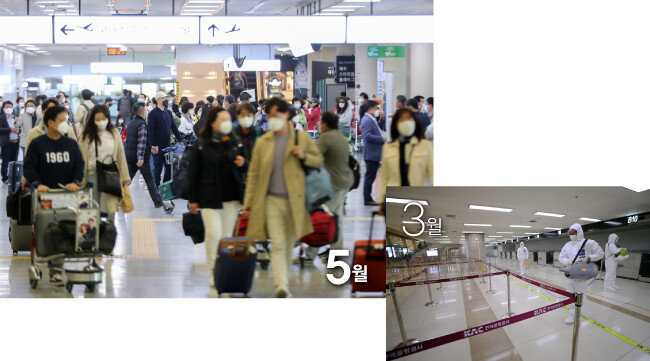 5월 13일 인파로 가득 찬 김포공항. 3월 텅 비어 있던 모습과 비교된다. [뉴시스]