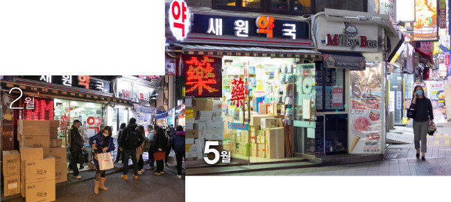2월 마스크를 사려는 사람이 줄지어 서 있던 약국 앞이 5월 8일에는 한산하다. 
