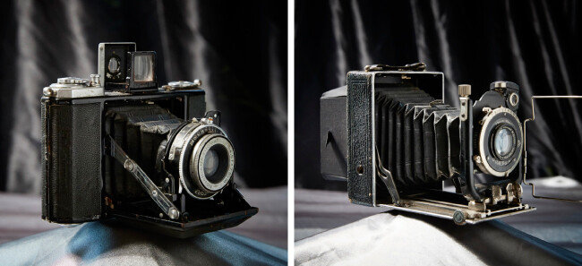  Zeiss Ikon Nettar 515/16 1937년 출시된 6x6cm 필름 포맷 카메라. 렌즈와 파인더를 접을 수 있고 롤 필름을 사용해 휴대성을 높였다(왼쪽). F.Deckel Munchen COMPUR 1930년대 독일에서 생산된 접이식 카메라.
