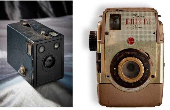 Kodak Box 620 1920~1930년대 유행한 카메라. 가로세로 방향으로 화면을 돌려 촬영할 수 있게 뷰-파인더를 내장했다(왼쪽).  Kodak Brounie BULL'S-EYE 훗날 표현주의의 대표적 화가가 된 뭉크가 독일 베를린에서 이 카메라로 흔들리는 자화상을 기록해 유명해졌다.
