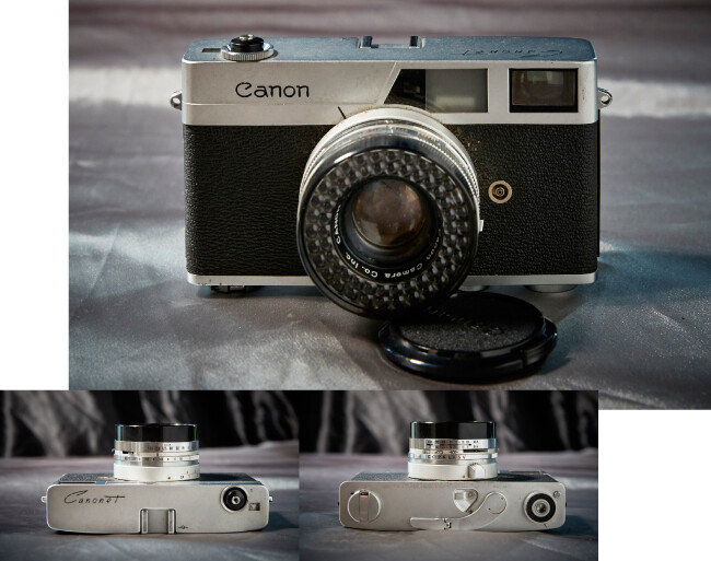 Canon Canonet Original 1961년 출시. 카메라 상단에 셔터 외에 아무것도 없고, 필름과 셔터 와인딩 레버가 전부 카메라 하부에 위치해 있는 것이 특이하다.