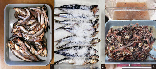 1 크고 통통한 생멸치.
2 멸치를 소금으로 덮는다.
3 염장 멸치의 살만 바른다.