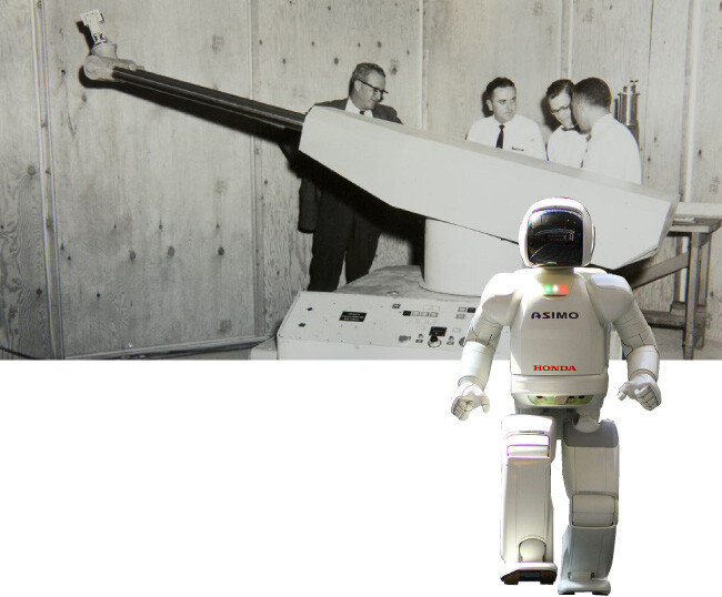 1961년 등장한 산업용 로봇 유니메이트(위)와 2000년 혼다가 공개한 2족 보행 로봇 아시모. [Kawasaki Robotics 홈페이지, 위키피디아]