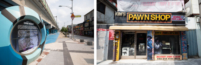 동두천시 보산동 ‘캠프보산’ 표지석(왼쪽). 미8군 제2사단 주둔지 캠프케이시가 있는 보산동 일대에는 
미군 관련 상점이 여전히 영업 중이다. [지호영 기자]