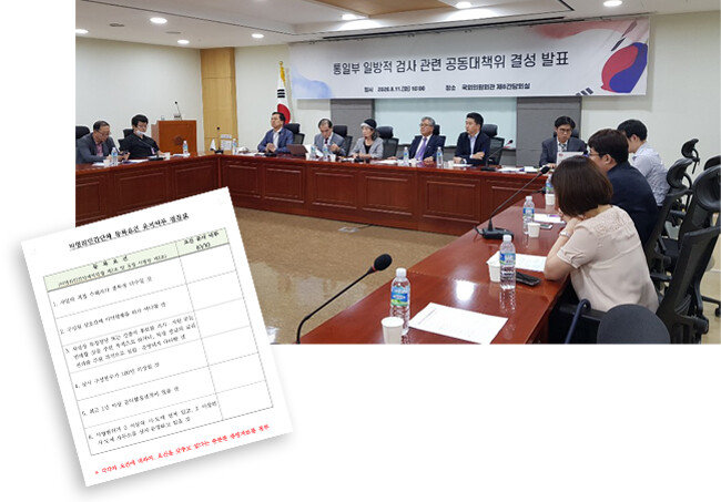 8월 11일 서울 영등포구 국회 의원회관에서 30여 개 시민단체가 모여 ‘정부의
북한인권·탈북민 단체 탄압 공동대책위원회’를 결성했다(위).
통일부가 64개 시민단체에 보낸 ‘등록요건 유지 여부 점검표’. [북한인권·탈북민 단체 공대위 제공]