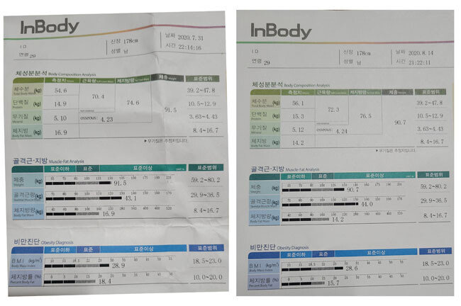 7월 31일(왼쪽)과 8월 14일(오른쪽) 각각 측정한 이현준 기자의 인바디 지표. 
