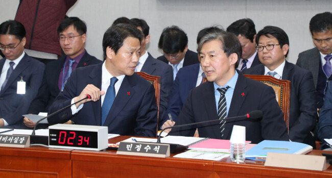 2018년 12월 31일 김태우 전 청와대 특별감찰반원 관련 현안으로 국회 운영위에 출석한 임종석 당시 대통령비서실장(왼쪽)과 조국 당시 대통령민정수석비서관. [김동주 동아일보 기자]