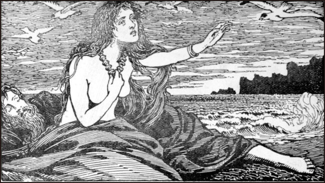 산을 그리워하는 스카디, 
W.G. Collingwood, 1908.