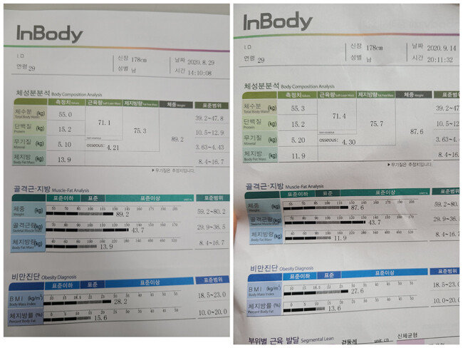 이현준 기자의 8월22일(좌)과 9월 14일(우)의 인바디 측정 결과. 지표가 향상됐다.