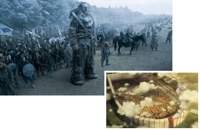 드라마 ‘왕좌의 게임’에 나오는 거인족(위)과 
애니메이션 ‘진격의 거인’ 방벽. [HBO 제공, 일본 MBS ‘진격의 거인’ 방송화면 캡처]