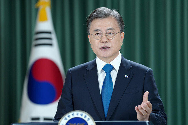 문재인 대통령이 9월 23일 영상으로 제75차 UN총회 기조연설을 하고 있다. 영상이 공개되기 3시간 전 문 대통령은 해양수산부 어업지도 공무원 이모(47) 씨가 북한군에 의해 사살됐다는 사실을 보고받았다. [청와대 제공]