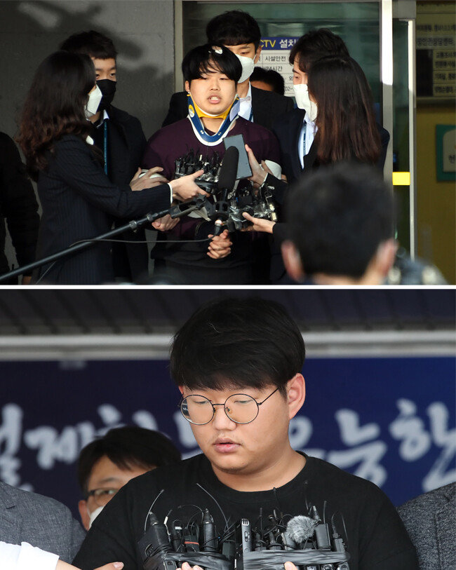 3월 25일과 5월 18일 ‘박사’ 조주빈(위)과 ‘갓갓’ 문형욱(아래)이 경찰 조사를 마치고 검찰에 송치되고 있다. [뉴스1]
