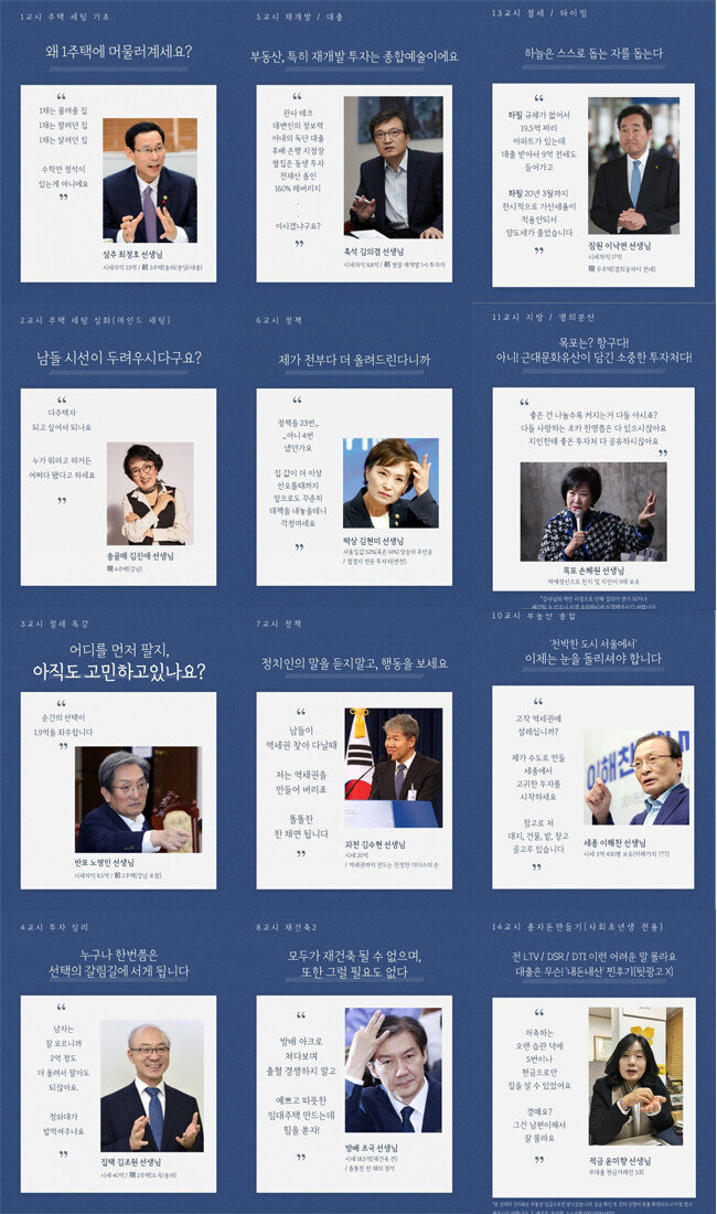 김현미 국토교통부 장관, 노영민 대통령비서실장, 김조원 전 대통령민정수석비서관 등 정부·여당의 주요 인사를 ‘부동산 어벤져스 강사’로 소개한 패러디물. [인터넷 커뮤니티 캡처]