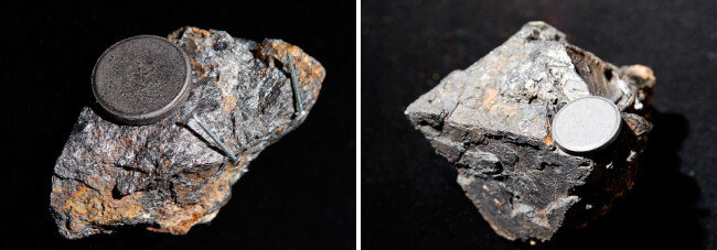 자철석(Magnetite)  자성을 띠는 대표적인 광물. 과거엔 자철석으로 만든 천연 나침반을 이용해 방향을 확인했다.
