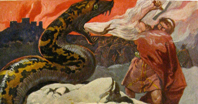 토르와 왕뱀 요르문간드, Emil Doepler, 1905년경. 