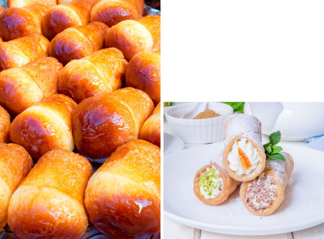 이탈리아 사람들이 사랑하는 폭신하고 달콤한 디저트 바바(왼쪽). 바삭한 과자 속에 신선하고 달콤한 치즈 크림을 넣은 카놀리. [GettyImage]