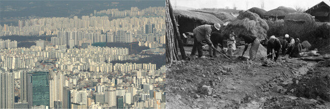 2020년 12월 2일 서울 송파구 롯데월드타워 서울스카이에서 본 
서울 아파트 단지(왼쪽)와 1972년 3월 9일 경기 이천 풍경. [뉴스1, 동아DB]