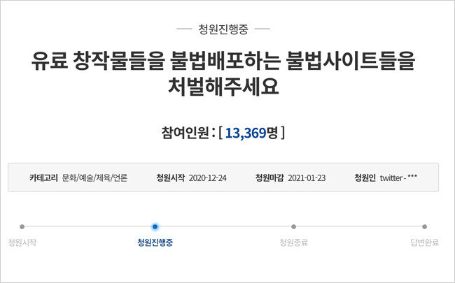 지난해 12월 24일 청와대 홈페이지 국민청원 게시판에 창작물 불법 복제 공유 사이트 문제를 해결해 달라는 내용의 청원이 게시됐다. [청와대 홈페이지 캡처] 