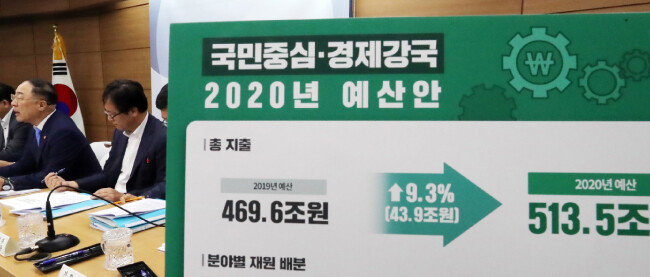 홍남기 경제부총리 겸 기획재정부 장관이 2019년 8월 27일 정부세종청사에서 2020년도 예산안 브리핑을 하고 있다. 코로나19 유행 전 편성된 2020년도 국가예산 규모는 사상 처음 500조 원을 넘어섰다. [뉴스1]