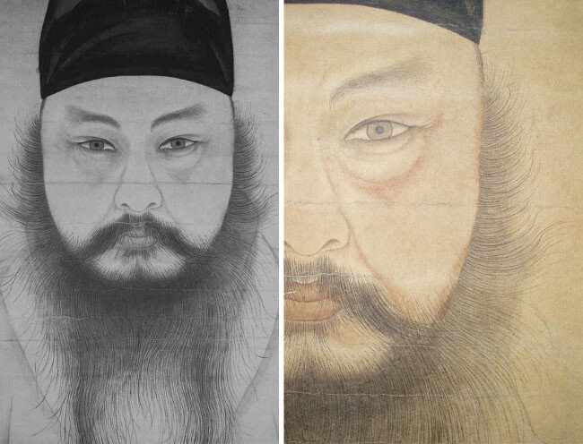 2006년 적외선 촬영한 윤두서 자화상. 옷깃선이 선명하게 보인다(왼쪽). 윤두서 자화상을 자세히 보면 얼굴 옆면에 희미하게 귀를 그린 흔적이 남아 있다(오른쪽). [국립중앙박물관 제공] 