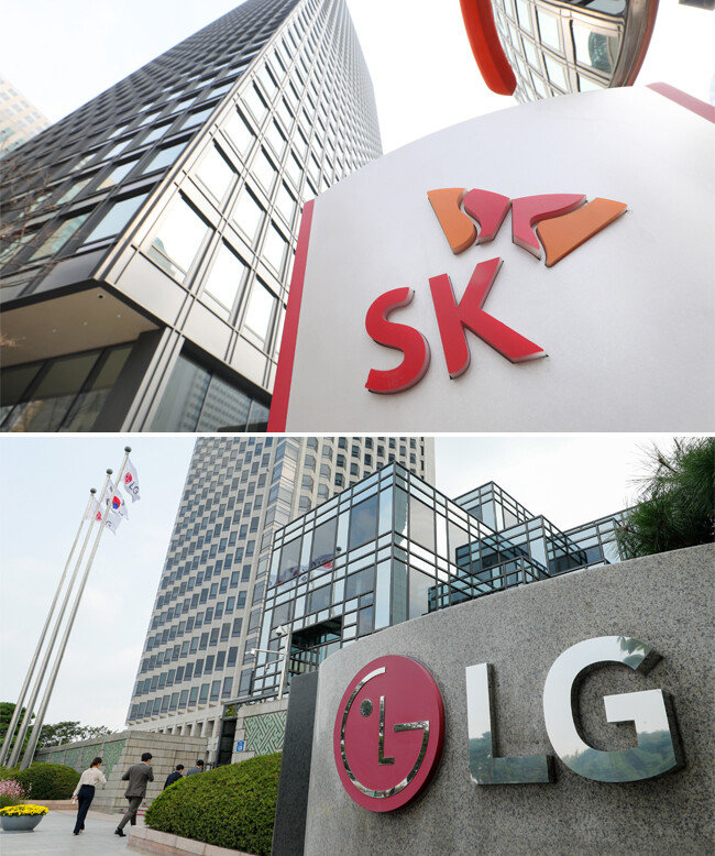 SK이노베이션이 입주해 있는 서울 종로구 서린동 SK본사(위). LG에너지솔루션의 모회사인 LG화학 본사가 입주해있는 서울 여의도 LG트윈타워. [뉴스1]
