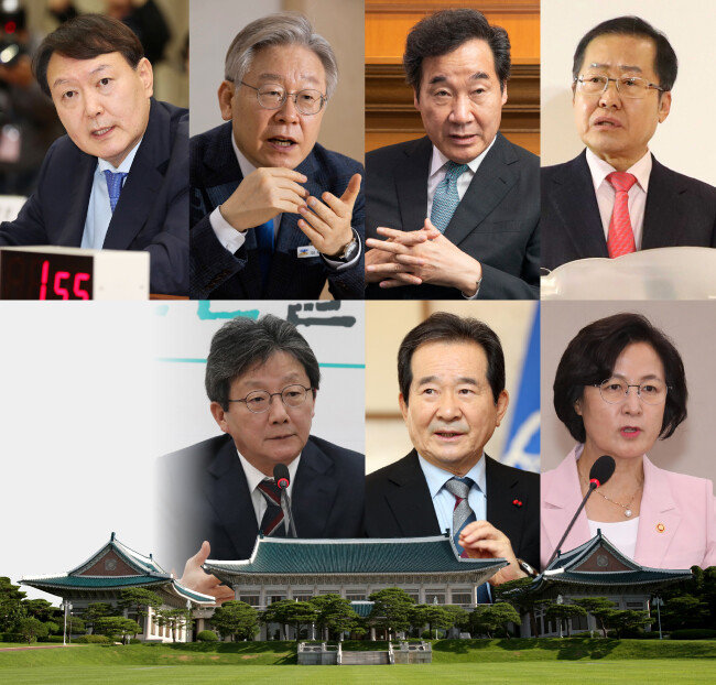 4·7 재·보궐선거 결과에 따라 대선 정국이 출렁일 전망이다. 왼쪽부터 시계방향으로 윤석열 전 검찰총장, 이재명 경기지사, 이낙연 전 더불어민주당 대표, 홍준표 무소속 의원, 추미애 전 법무부 장관, 정세균 국무총리, 유승민 전 국민의힘 의원. [동아DB]