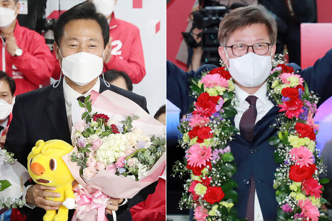  오세훈 국민의힘 서울시장 후보(왼쪽)와 박형준 부산시장 후보가 4월 8일 새벽과 전날 밤에 각각 서울 영등포구 여의도 당사와 부산 부산진구 선거사무소에서 당선 소감을 밝히고 있다. [뉴스1]