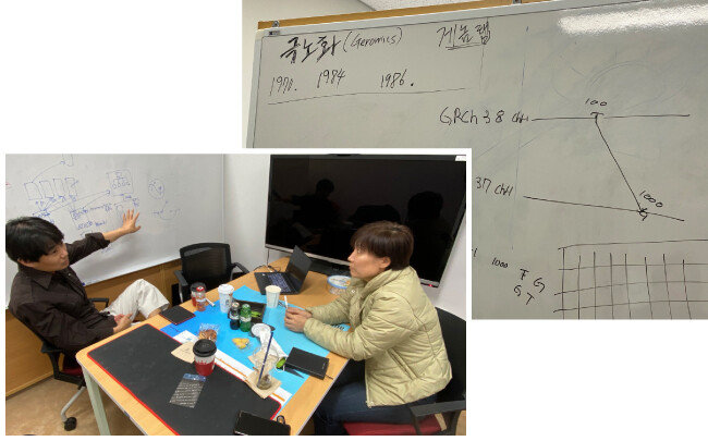박종화 교수는 보드판에
직접 써가며 기자에게 
상세하게 설명했다. [허문명 기자]