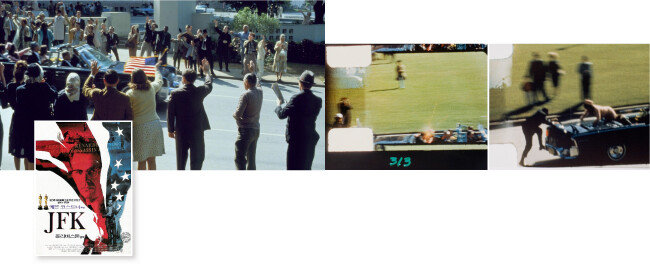 영화 ‘JFK’ 포스터와 영화 ‘JFK’ 중 1963년 11월 22일 당시 퍼레이드를 재현한 스틸컷 , 케네디 암살 장면이 담긴 필름을 확대한 영화 장면(왼쪽부터). 