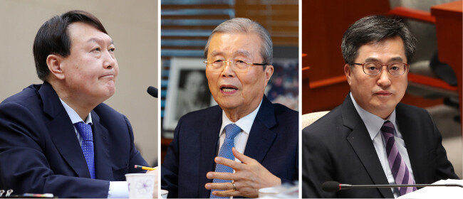 김종인 전 국민의힘 비상대책위원장(가운데)이 국민의힘과 각을 세우는 가운데, 윤석열 전 검찰총장(왼쪽)의 정치 입문도 가시화하는 양상이다. 김동연 전 경제부총리 겸 기획재정부 장관의 등판 가능성도 거론된다. [동아DB]